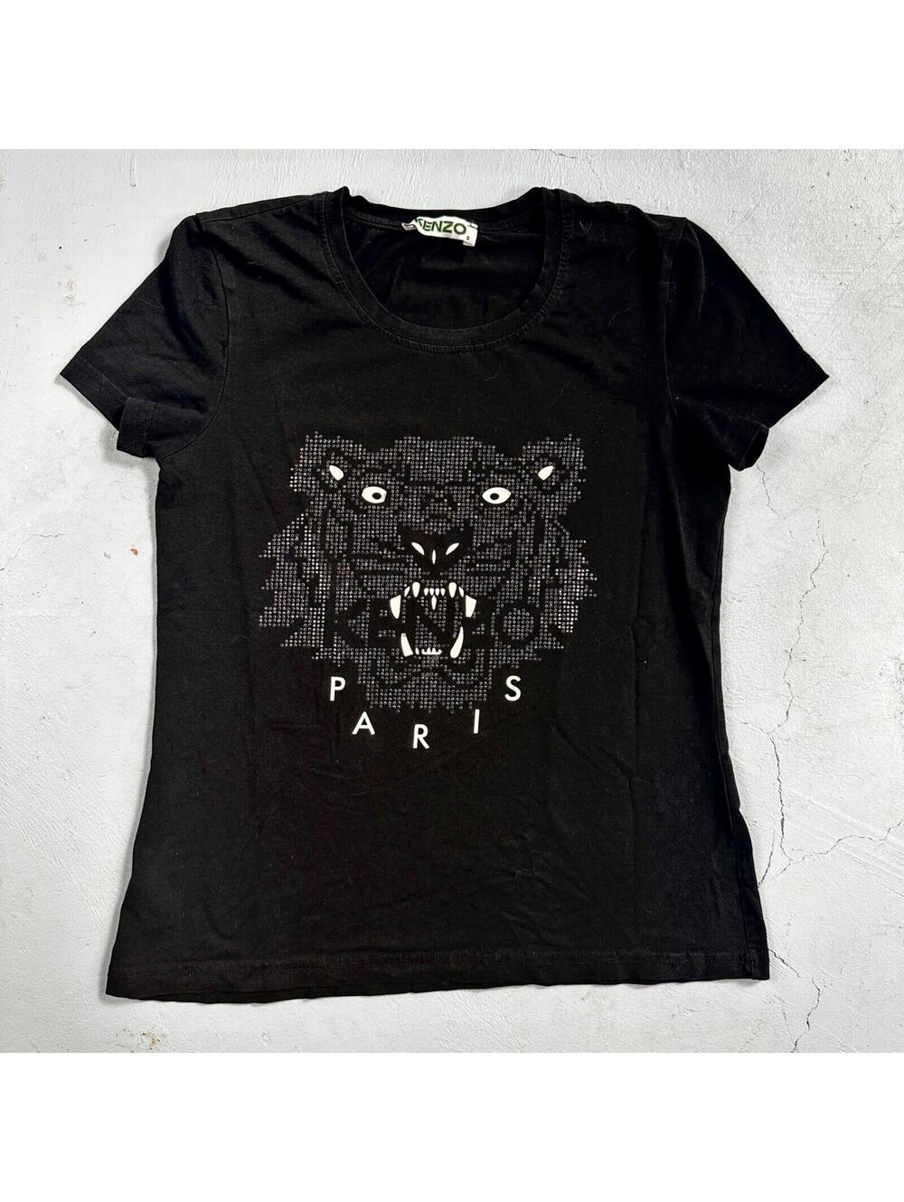 KENZO Paris Classic Tiger T-Shirt Women’s Black Glitter Sparkle Rhinestone Bling